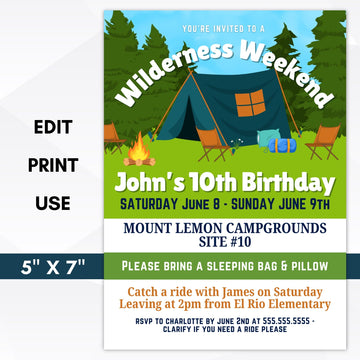 camping party invitations for boy or girl birthday party campout style